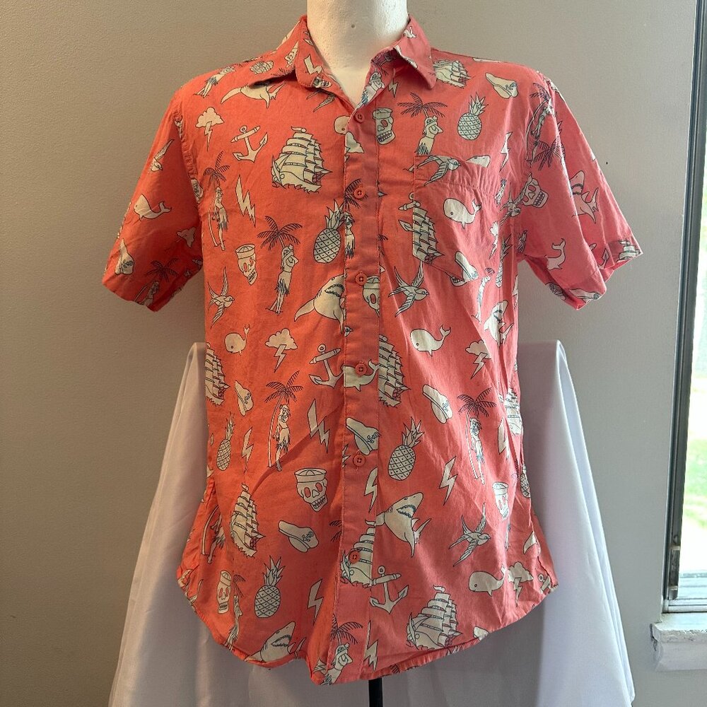 Public Access Men's Nautical Themed Peach/Pink Short Sleeve Button Down Size Med